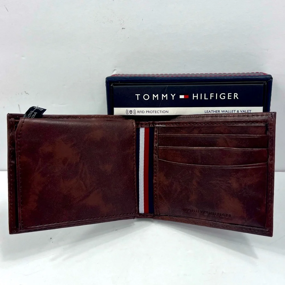 TOMMY HILFIGER 💯 MENS WALLET DOUBLE FOLD, BROWN, GENUINE LEATHER, RFID READY - Picture 4 of 14